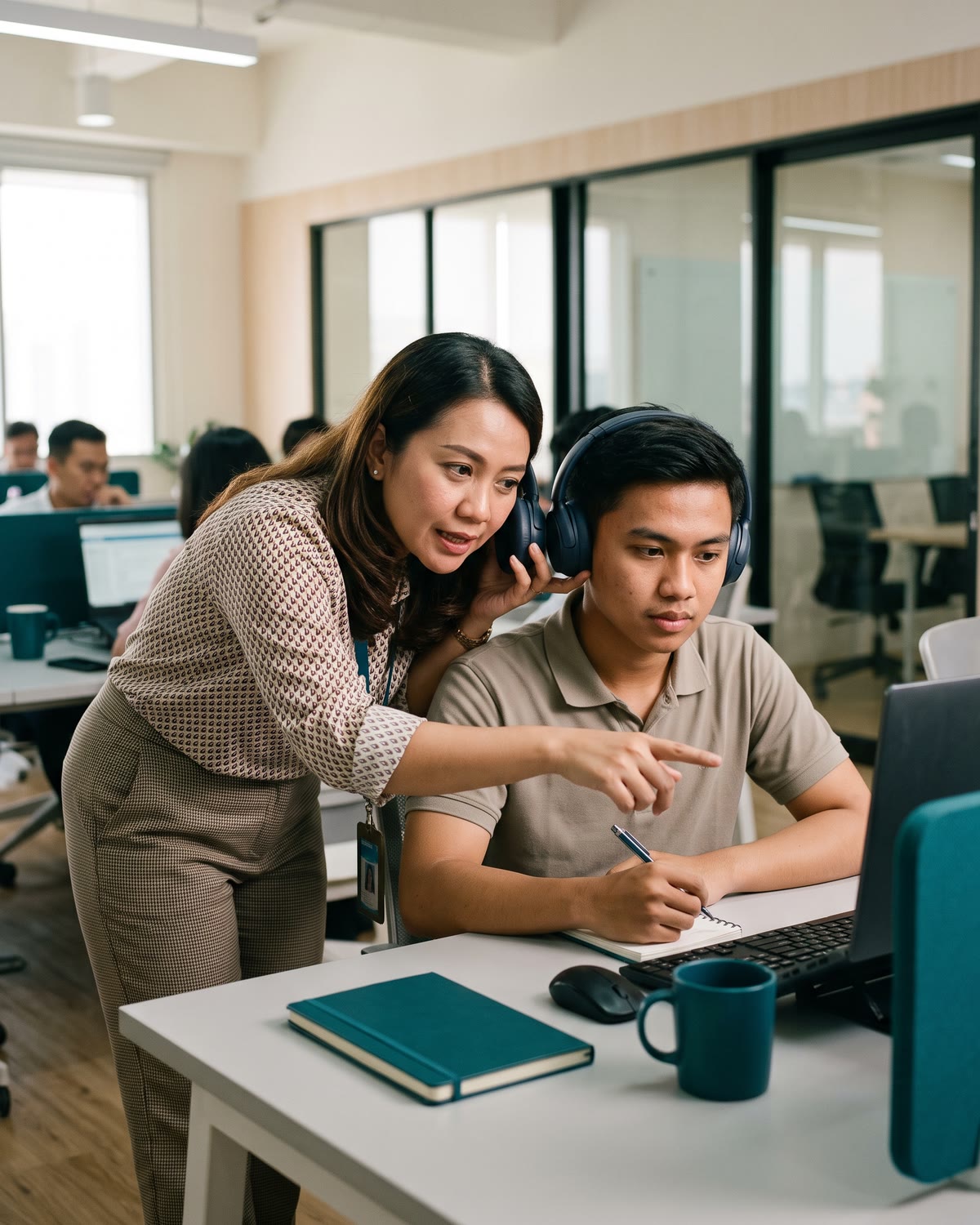A supervisor shares an agent’s headset and points at his screen while they review a call together